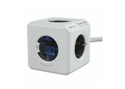 Allocacoc PowerCube Extended, stekkerdoos met energieconsumptie monitor, 4 sockets, 1.5m, wit/grijs